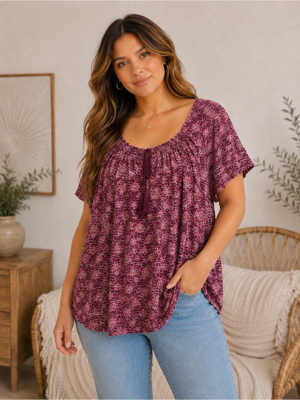 Faded Glory Heathered Magenta Tie-Front Short Sleeve Tunic
